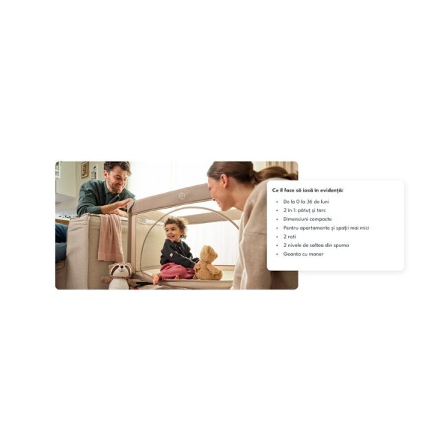 Patut pliant, Lionelo, Laura, 102 x 74 cm, Cu doua nivele, Functie de tarc, Cu roti, Include salteluta si geanta de transport, Pereti din plasa, Deschidere laterala, Pana la 15 kg, 0 luni +, Bej BYNLO-LAURA_BEIGE_SAND
