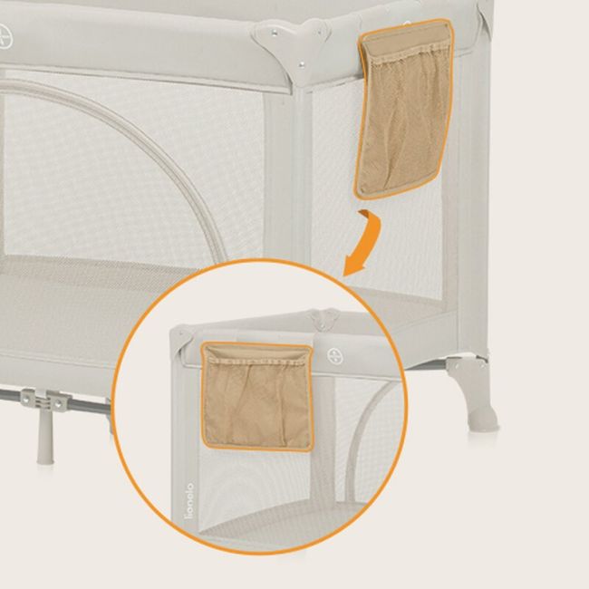 Patut pliant, Lionelo, Laura, 102 x 74 cm, Cu doua nivele, Functie de tarc, Cu roti, Include salteluta si geanta de transport, Pereti din plasa, Deschidere laterala, Pana la 15 kg, 0 luni +, Bej BYNLO-LAURA_BEIGE_SAND