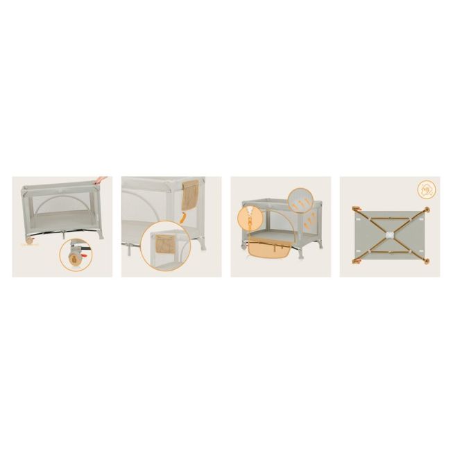 Patut pliant, Lionelo, Laura, 102 x 74 cm, Cu doua nivele, Functie de tarc, Cu roti, Include salteluta si geanta de transport, Pereti din plasa, Deschidere laterala, Pana la 15 kg, 0 luni +, Bej BYNLO-LAURA_BEIGE_SAND