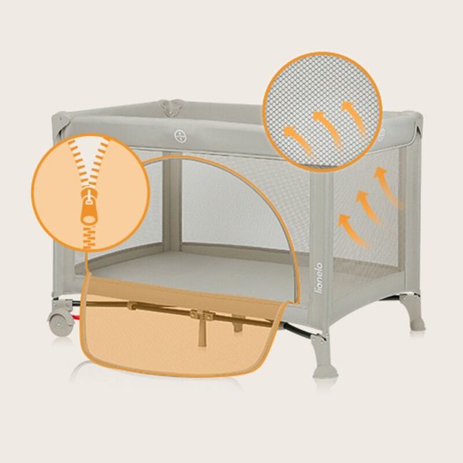 Patut pliant, Lionelo, Laura, 102 x 74 cm, Cu doua nivele, Functie de tarc, Cu roti, Include salteluta si geanta de transport, Pereti din plasa, Deschidere laterala, Pana la 15 kg, 0 luni +, Bej BYNLO-LAURA_BEIGE_SAND