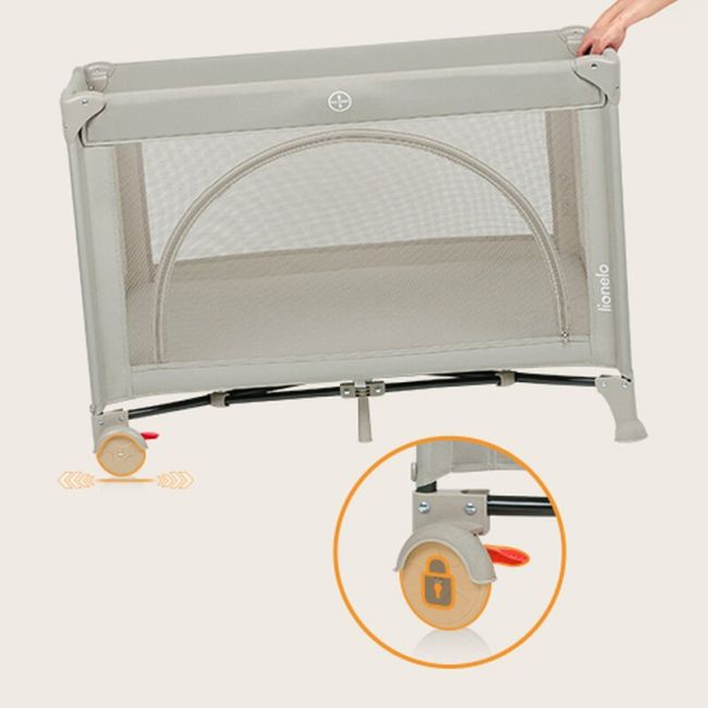 Patut pliant, Lionelo, Laura, 102 x 74 cm, Cu doua nivele, Functie de tarc, Cu roti, Include salteluta si geanta de transport, Pereti din plasa, Deschidere laterala, Pana la 15 kg, 0 luni +, Bej BYNLO-LAURA_BEIGE_SAND