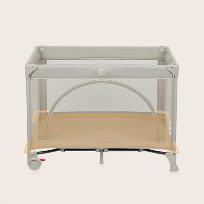 Patut pliant, Lionelo, Laura, 102 x 74 cm, Cu doua nivele, Functie de tarc, Cu roti, Include salteluta si geanta de transport, Pereti din plasa, Deschidere laterala, Pana la 15 kg, 0 luni +, Bej BYNLO-LAURA_BEIGE_SAND