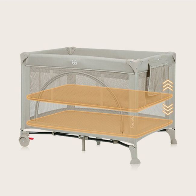 Patut pliant, Lionelo, Laura, 102 x 74 cm, Cu doua nivele, Functie de tarc, Cu roti, Include salteluta si geanta de transport, Pereti din plasa, Deschidere laterala, Pana la 15 kg, 0 luni +, Bej BYNLO-LAURA_BEIGE_SAND