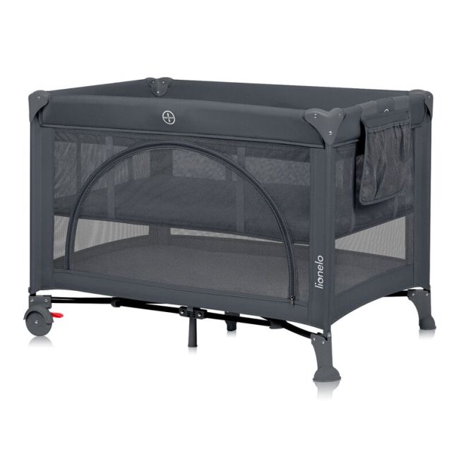 Patut pliant, Lionelo, Laura, 102 x 74 cm, Cu doua nivele, Functie de tarc, Cu roti, Include salteluta si geanta de transport, Pereti din plasa, Deschidere laterala, Pana la 15 kg, 0 luni +, Gri BYNLO-LAURA_GREY_CONCRETE