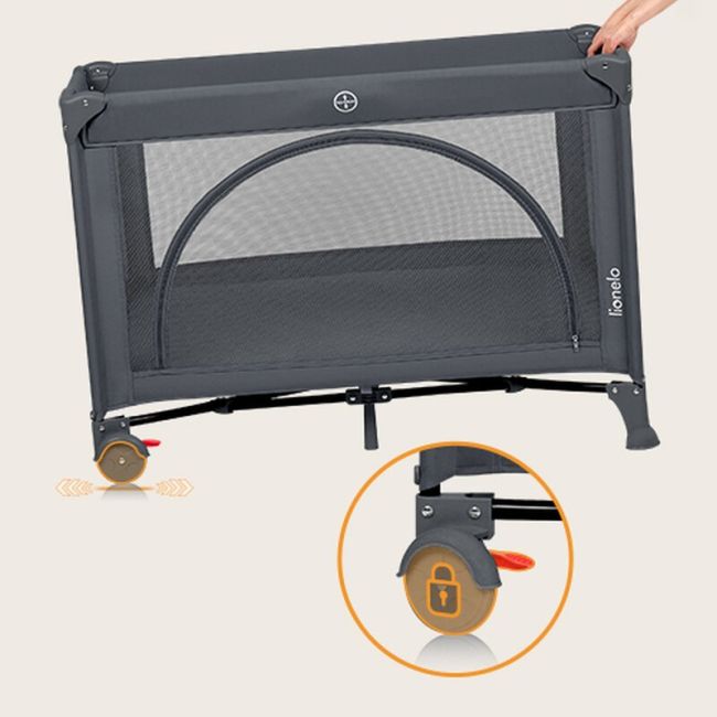 Patut pliant, Lionelo, Laura, 102 x 74 cm, Cu doua nivele, Functie de tarc, Cu roti, Include salteluta si geanta de transport, Pereti din plasa, Deschidere laterala, Pana la 15 kg, 0 luni +, Gri BYNLO-LAURA_GREY_CONCRETE