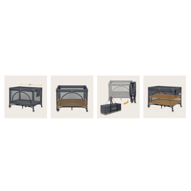 Patut pliant, Lionelo, Laura, 102 x 74 cm, Cu doua nivele, Functie de tarc, Cu roti, Include salteluta si geanta de transport, Pereti din plasa, Deschidere laterala, Pana la 15 kg, 0 luni +, Gri BYNLO-LAURA_GREY_CONCRETE