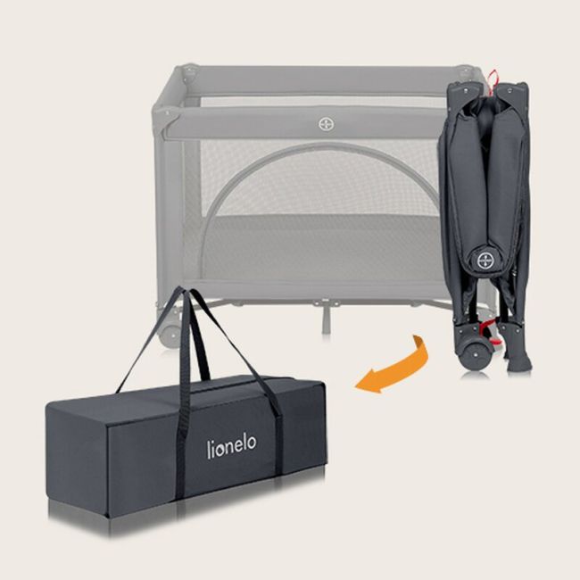 Patut pliant, Lionelo, Laura, 102 x 74 cm, Cu doua nivele, Functie de tarc, Cu roti, Include salteluta si geanta de transport, Pereti din plasa, Deschidere laterala, Pana la 15 kg, 0 luni +, Gri BYNLO-LAURA_GREY_CONCRETE