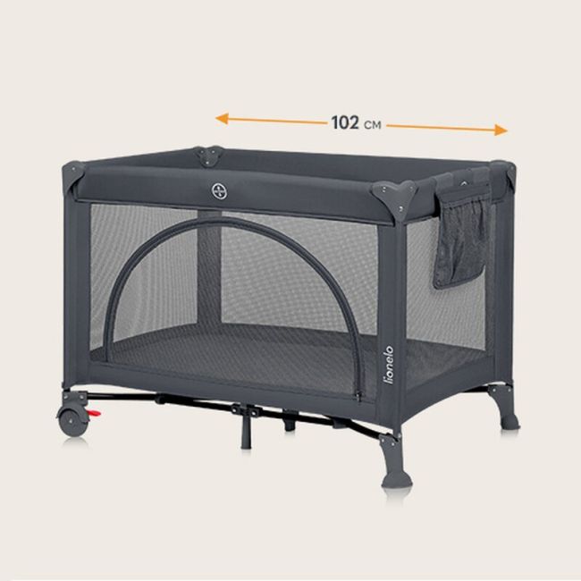 Patut pliant, Lionelo, Laura, 102 x 74 cm, Cu doua nivele, Functie de tarc, Cu roti, Include salteluta si geanta de transport, Pereti din plasa, Deschidere laterala, Pana la 15 kg, 0 luni +, Gri BYNLO-LAURA_GREY_CONCRETE