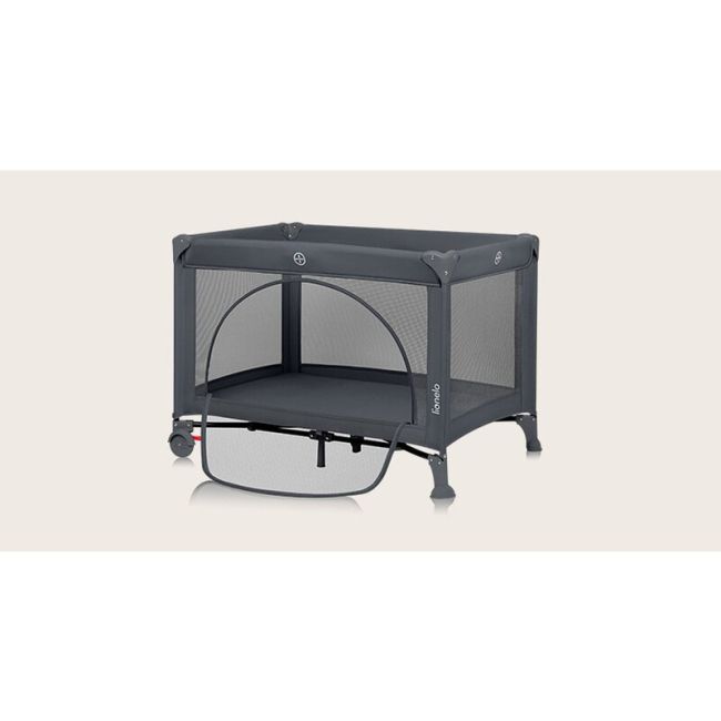 Patut pliant, Lionelo, Laura, 102 x 74 cm, Cu doua nivele, Functie de tarc, Cu roti, Include salteluta si geanta de transport, Pereti din plasa, Deschidere laterala, Pana la 15 kg, 0 luni +, Gri BYNLO-LAURA_GREY_CONCRETE