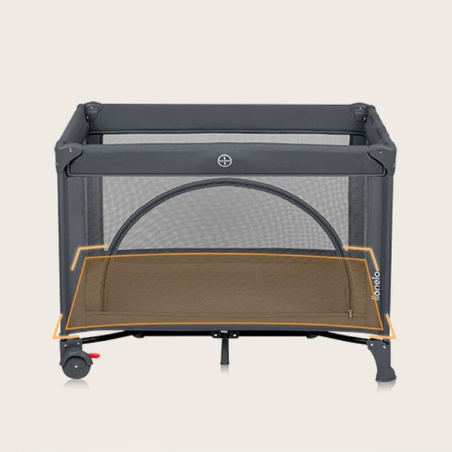 Patut pliant, Lionelo, Laura, 102 x 74 cm, Cu doua nivele, Functie de tarc, Cu roti, Include salteluta si geanta de transport, Pereti din plasa, Deschidere laterala, Pana la 15 kg, 0 luni +, Gri BYNLO-LAURA_GREY_CONCRETE