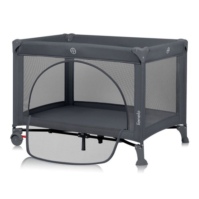 Patut pliant, Lionelo, Laura, 102 x 74 cm, Cu doua nivele, Functie de tarc, Cu roti, Include salteluta si geanta de transport, Pereti din plasa, Deschidere laterala, Pana la 15 kg, 0 luni +, Gri BYNLO-LAURA_GREY_CONCRETE