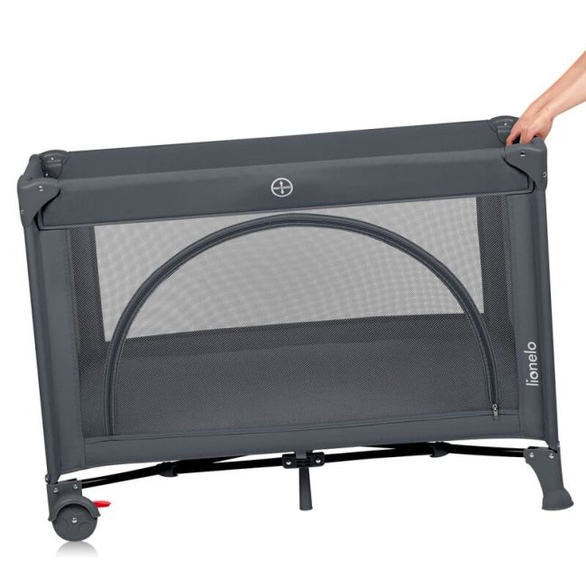 Patut pliant, Lionelo, Laura, 102 x 74 cm, Cu doua nivele, Functie de tarc, Cu roti, Include salteluta si geanta de transport, Pereti din plasa, Deschidere laterala, Pana la 15 kg, 0 luni +, Gri BYNLO-LAURA_GREY_CONCRETE