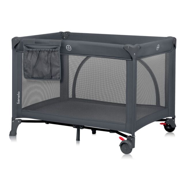 Patut pliant, Lionelo, Laura, 102 x 74 cm, Cu doua nivele, Functie de tarc, Cu roti, Include salteluta si geanta de transport, Pereti din plasa, Deschidere laterala, Pana la 15 kg, 0 luni +, Gri BYNLO-LAURA_GREY_CONCRETE