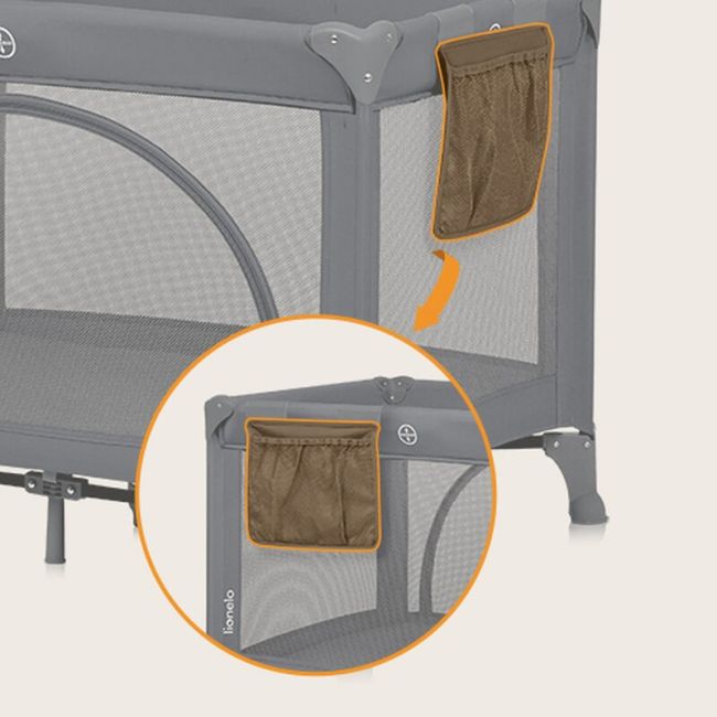 Patut pliant, Lionelo, Laura, 102 x 74 cm, Cu doua nivele, Functie de tarc, Cu roti, Include salteluta si geanta de transport, Pereti din plasa, Deschidere laterala, Pana la 15 kg, 0 luni +, Gri BYNLO-LAURA_GREY_CONCRETE