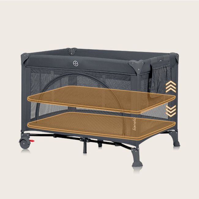 Patut pliant, Lionelo, Laura, 102 x 74 cm, Cu doua nivele, Functie de tarc, Cu roti, Include salteluta si geanta de transport, Pereti din plasa, Deschidere laterala, Pana la 15 kg, 0 luni +, Gri BYNLO-LAURA_GREY_CONCRETE