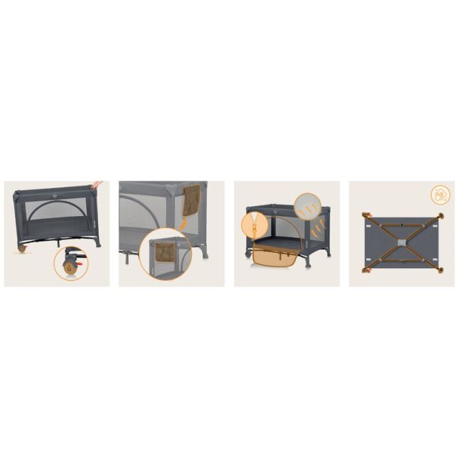 Patut pliant, Lionelo, Laura, 102 x 74 cm, Cu doua nivele, Functie de tarc, Cu roti, Include salteluta si geanta de transport, Pereti din plasa, Deschidere laterala, Pana la 15 kg, 0 luni +, Gri BYNLO-LAURA_GREY_CONCRETE