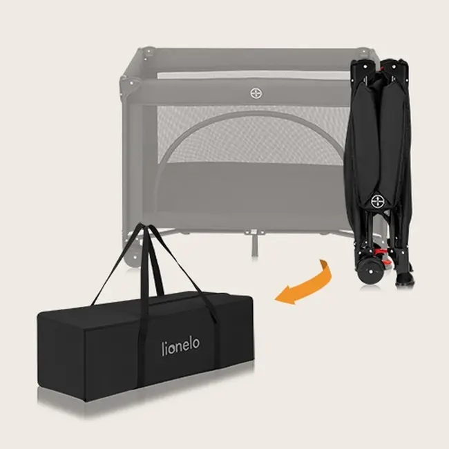 Patut pliant, Lionelo, Laura, 102 x 74 cm, Cu doua nivele, Functie de tarc, Cu roti, Include salteluta si geanta de transport, Pereti din plasa, Deschidere laterala, Pana la 15 kg, 0 luni +, Negru BYNLO-LAURA_BLACK_CARBON