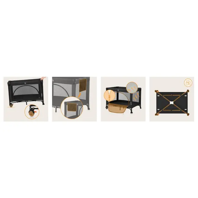 Patut pliant, Lionelo, Laura, 102 x 74 cm, Cu doua nivele, Functie de tarc, Cu roti, Include salteluta si geanta de transport, Pereti din plasa, Deschidere laterala, Pana la 15 kg, 0 luni +, Negru BYNLO-LAURA_BLACK_CARBON