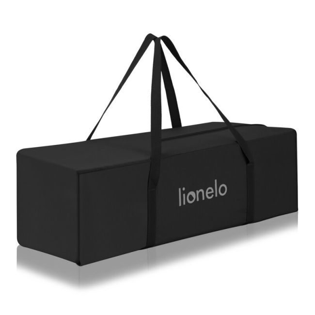 Patut pliant, Lionelo, Laura, 102 x 74 cm, Cu doua nivele, Functie de tarc, Cu roti, Include salteluta si geanta de transport, Pereti din plasa, Deschidere laterala, Pana la 15 kg, 0 luni +, Negru BYNLO-LAURA_BLACK_CARBON