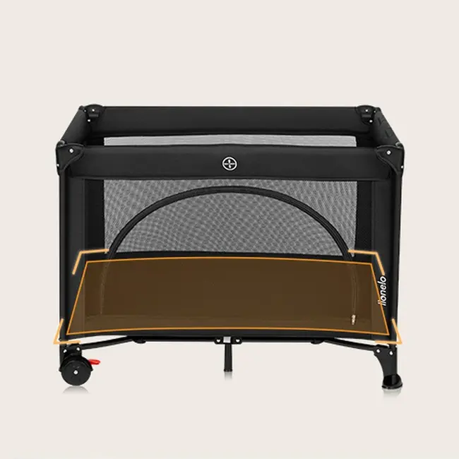 Patut pliant, Lionelo, Laura, 102 x 74 cm, Cu doua nivele, Functie de tarc, Cu roti, Include salteluta si geanta de transport, Pereti din plasa, Deschidere laterala, Pana la 15 kg, 0 luni +, Negru BYNLO-LAURA_BLACK_CARBON