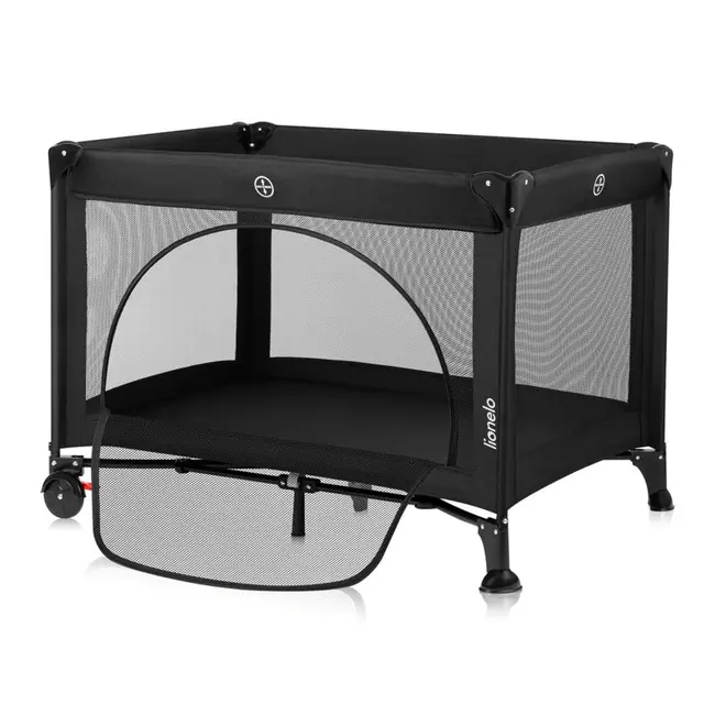 Patut pliant, Lionelo, Laura, 102 x 74 cm, Cu doua nivele, Functie de tarc, Cu roti, Include salteluta si geanta de transport, Pereti din plasa, Deschidere laterala, Pana la 15 kg, 0 luni +, Negru BYNLO-LAURA_BLACK_CARBON