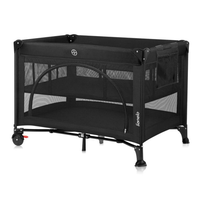 Patut pliant, Lionelo, Laura, 102 x 74 cm, Cu doua nivele, Functie de tarc, Cu roti, Include salteluta si geanta de transport, Pereti din plasa, Deschidere laterala, Pana la 15 kg, 0 luni +, Negru BYNLO-LAURA_BLACK_CARBON