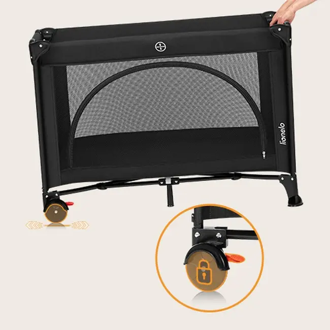 Patut pliant, Lionelo, Laura, 102 x 74 cm, Cu doua nivele, Functie de tarc, Cu roti, Include salteluta si geanta de transport, Pereti din plasa, Deschidere laterala, Pana la 15 kg, 0 luni +, Negru BYNLO-LAURA_BLACK_CARBON