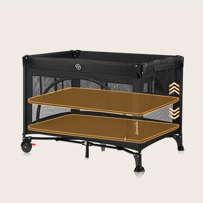 Patut pliant, Lionelo, Laura, 102 x 74 cm, Cu doua nivele, Functie de tarc, Cu roti, Include salteluta si geanta de transport, Pereti din plasa, Deschidere laterala, Pana la 15 kg, 0 luni +, Negru BYNLO-LAURA_BLACK_CARBON