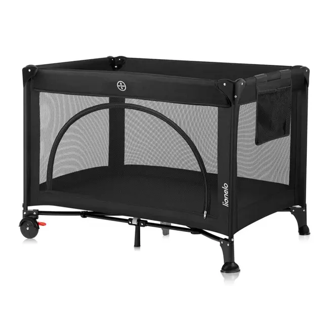 Patut pliant, Lionelo, Laura, 102 x 74 cm, Cu doua nivele, Functie de tarc, Cu roti, Include salteluta si geanta de transport, Pereti din plasa, Deschidere laterala, Pana la 15 kg, 0 luni +, Negru BYNLO-LAURA_BLACK_CARBON