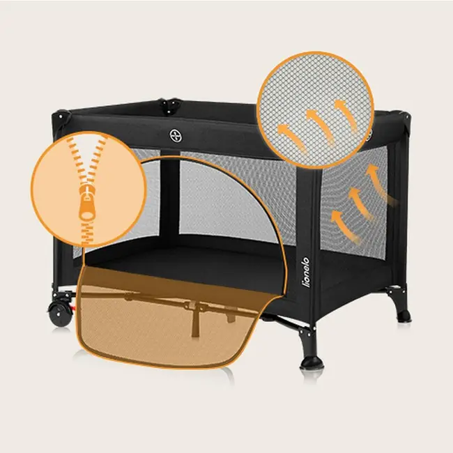 Patut pliant, Lionelo, Laura, 102 x 74 cm, Cu doua nivele, Functie de tarc, Cu roti, Include salteluta si geanta de transport, Pereti din plasa, Deschidere laterala, Pana la 15 kg, 0 luni +, Negru BYNLO-LAURA_BLACK_CARBON