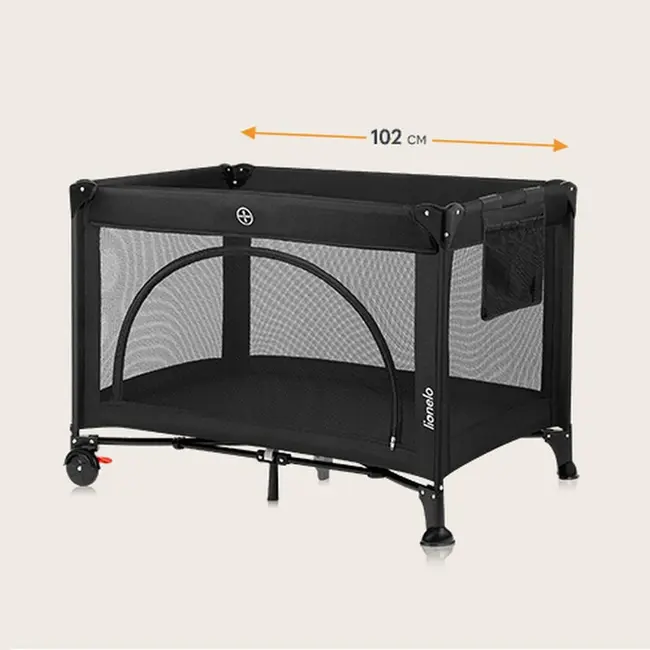 Patut pliant, Lionelo, Laura, 102 x 74 cm, Cu doua nivele, Functie de tarc, Cu roti, Include salteluta si geanta de transport, Pereti din plasa, Deschidere laterala, Pana la 15 kg, 0 luni +, Negru BYNLO-LAURA_BLACK_CARBON
