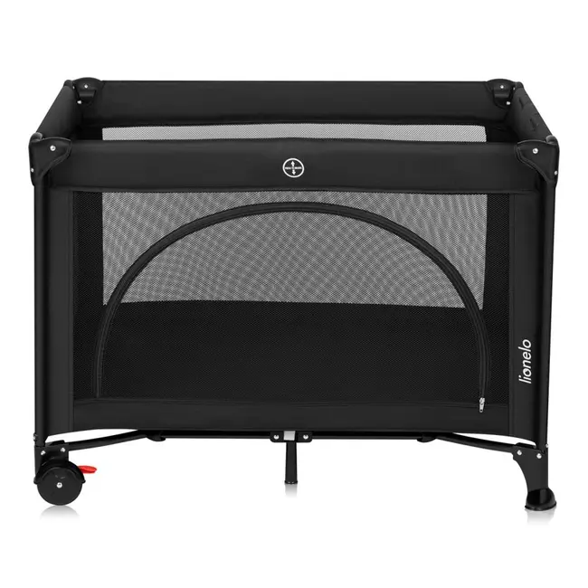 Patut pliant, Lionelo, Laura, 102 x 74 cm, Cu doua nivele, Functie de tarc, Cu roti, Include salteluta si geanta de transport, Pereti din plasa, Deschidere laterala, Pana la 15 kg, 0 luni +, Negru BYNLO-LAURA_BLACK_CARBON