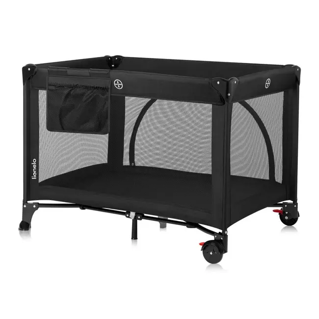 Patut pliant, Lionelo, Laura, 102 x 74 cm, Cu doua nivele, Functie de tarc, Cu roti, Include salteluta si geanta de transport, Pereti din plasa, Deschidere laterala, Pana la 15 kg, 0 luni +, Negru BYNLO-LAURA_BLACK_CARBON