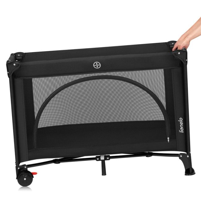 Patut pliant, Lionelo, Laura, 102 x 74 cm, Cu doua nivele, Functie de tarc, Cu roti, Include salteluta si geanta de transport, Pereti din plasa, Deschidere laterala, Pana la 15 kg, 0 luni +, Negru BYNLO-LAURA_BLACK_CARBON