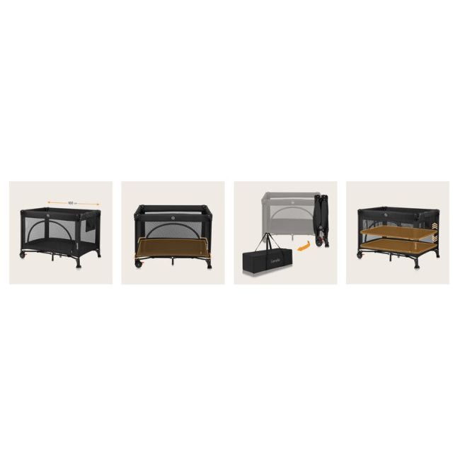 Patut pliant, Lionelo, Laura, 102 x 74 cm, Cu doua nivele, Functie de tarc, Cu roti, Include salteluta si geanta de transport, Pereti din plasa, Deschidere laterala, Pana la 15 kg, 0 luni +, Negru BYNLO-LAURA_BLACK_CARBON
