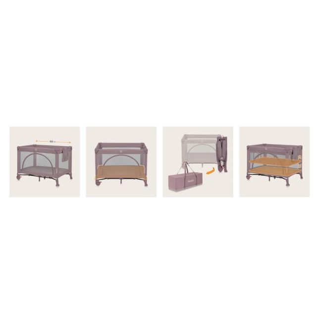 Patut pliant, Lionelo, Laura, 102 x 74 cm, Cu doua nivele, Functie de tarc, Cu roti, Include salteluta si geanta de transport, Pereti din plasa, Deschidere laterala, Pana la 15 kg, 0 luni +, Roz BYNLO-LAURA_PINK_NUDE