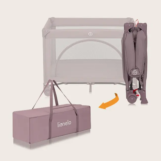 Patut pliant, Lionelo, Laura, 102 x 74 cm, Cu doua nivele, Functie de tarc, Cu roti, Include salteluta si geanta de transport, Pereti din plasa, Deschidere laterala, Pana la 15 kg, 0 luni +, Roz BYNLO-LAURA_PINK_NUDE