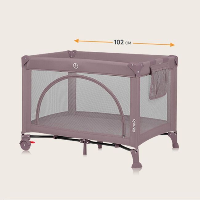 Patut pliant, Lionelo, Laura, 102 x 74 cm, Cu doua nivele, Functie de tarc, Cu roti, Include salteluta si geanta de transport, Pereti din plasa, Deschidere laterala, Pana la 15 kg, 0 luni +, Roz BYNLO-LAURA_PINK_NUDE