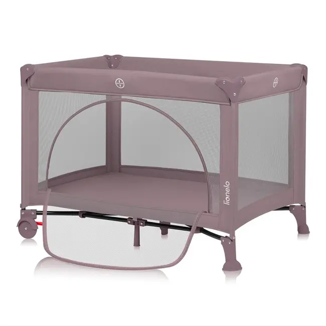 Patut pliant, Lionelo, Laura, 102 x 74 cm, Cu doua nivele, Functie de tarc, Cu roti, Include salteluta si geanta de transport, Pereti din plasa, Deschidere laterala, Pana la 15 kg, 0 luni +, Roz BYNLO-LAURA_PINK_NUDE
