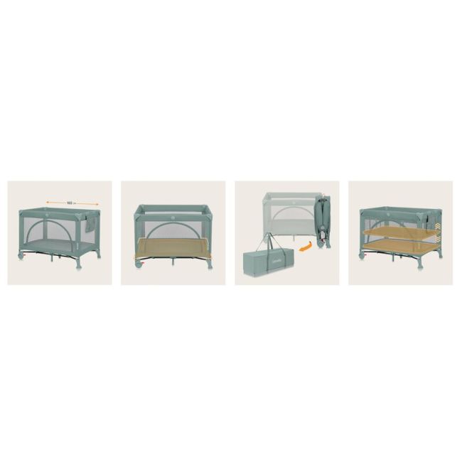 Patut pliant, Lionelo, Laura, 102 x 74 cm, Cu doua nivele, Functie de tarc, Cu roti, Include salteluta si geanta de transport, Pereti din plasa, Deschidere laterala, Pana la 15 kg, 0 luni +, Verde BYNLO-LAURA_GREEN_SAGE