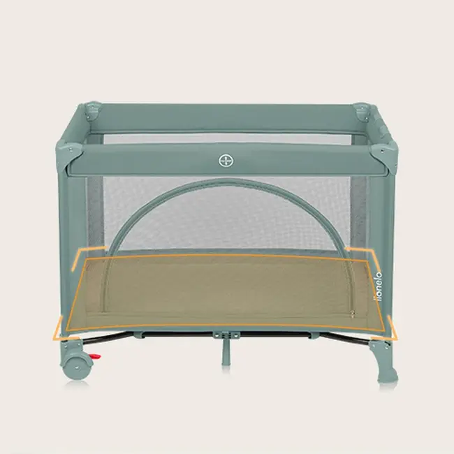 Patut pliant, Lionelo, Laura, 102 x 74 cm, Cu doua nivele, Functie de tarc, Cu roti, Include salteluta si geanta de transport, Pereti din plasa, Deschidere laterala, Pana la 15 kg, 0 luni +, Verde BYNLO-LAURA_GREEN_SAGE