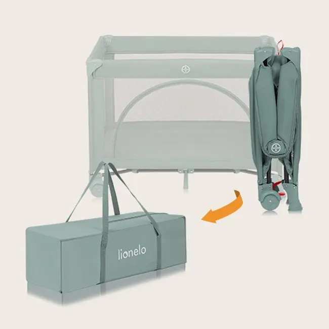 Patut pliant, Lionelo, Laura, 102 x 74 cm, Cu doua nivele, Functie de tarc, Cu roti, Include salteluta si geanta de transport, Pereti din plasa, Deschidere laterala, Pana la 15 kg, 0 luni +, Verde BYNLO-LAURA_GREEN_SAGE