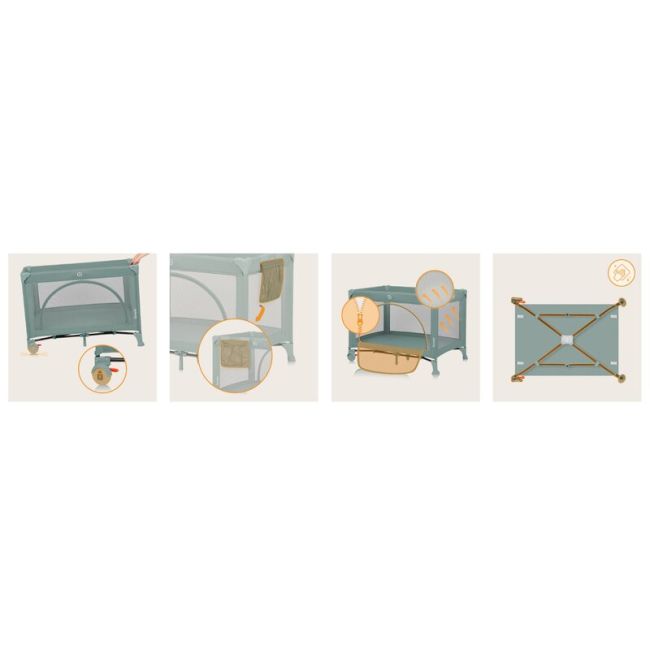 Patut pliant, Lionelo, Laura, 102 x 74 cm, Cu doua nivele, Functie de tarc, Cu roti, Include salteluta si geanta de transport, Pereti din plasa, Deschidere laterala, Pana la 15 kg, 0 luni +, Verde BYNLO-LAURA_GREEN_SAGE