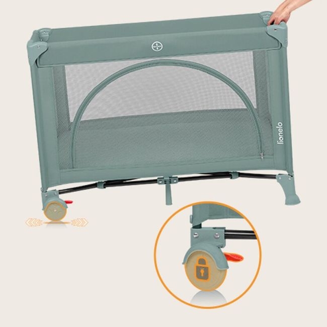Patut pliant, Lionelo, Laura, 102 x 74 cm, Cu doua nivele, Functie de tarc, Cu roti, Include salteluta si geanta de transport, Pereti din plasa, Deschidere laterala, Pana la 15 kg, 0 luni +, Verde BYNLO-LAURA_GREEN_SAGE