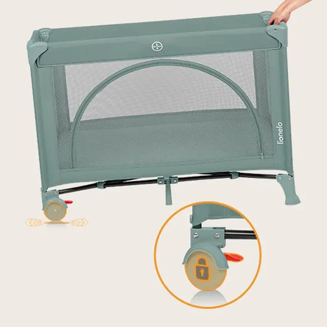 Patut pliant, Lionelo, Laura, 102 x 74 cm, Cu doua nivele, Functie de tarc, Cu roti, Include salteluta si geanta de transport, Pereti din plasa, Deschidere laterala, Pana la 15 kg, 0 luni +, Verde BYNLO-LAURA_GREEN_SAGE