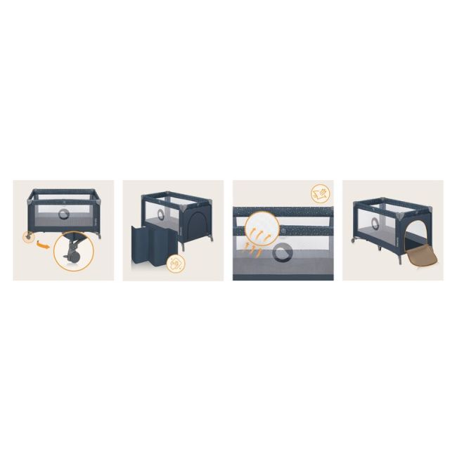 Patut pliant, Lionelo, Stefi, Cu un nivel, Cu intrare laterala cu fermoar, 2 roti, 120x60 cm, Conform cu standardul european de securitate EN 716, Albastru BYNLO-STEFI_BLUE_GREY