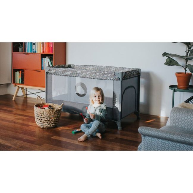 Patut pliant, Lionelo, Stefi, Cu un nivel, Cu intrare laterala cu fermoar, 2 roti, 120x60 cm, Conform cu standardul european de securitate EN 716, Albastru BYNLO-STEFI_BLUE_GREY