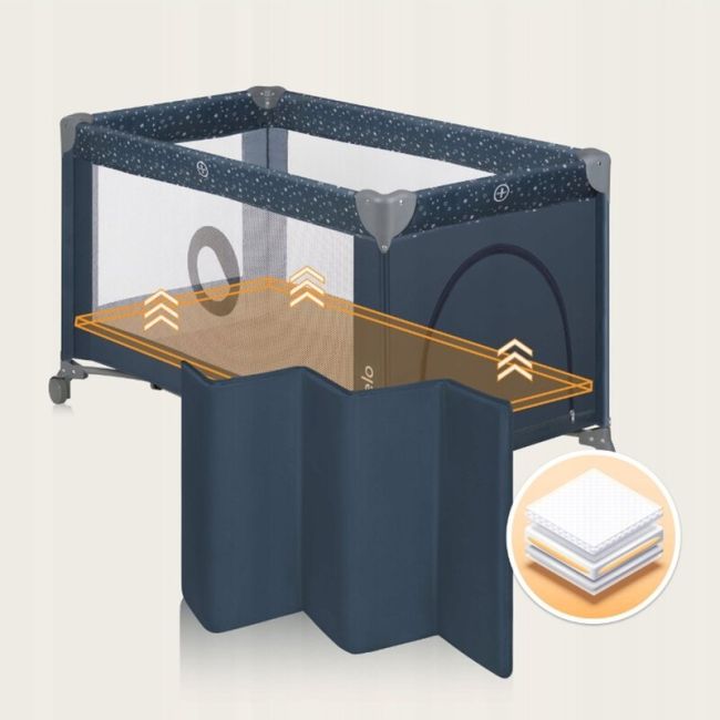 Patut pliant, Lionelo, Stefi, Cu un nivel, Cu intrare laterala cu fermoar, 2 roti, 120x60 cm, Conform cu standardul european de securitate EN 716, Albastru BYNLO-STEFI_BLUE_GREY