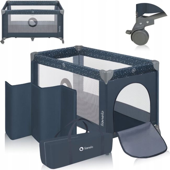 Patut pliant, Lionelo, Stefi, Cu un nivel, Cu intrare laterala cu fermoar, 2 roti, 120x60 cm, Conform cu standardul european de securitate EN 716, Albastru BYNLO-STEFI_BLUE_GREY