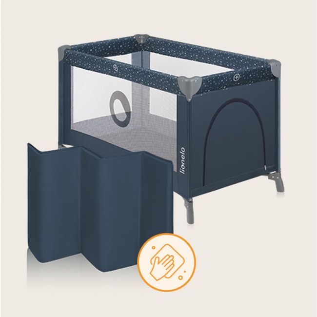 Patut pliant, Lionelo, Stefi, Cu un nivel, Cu intrare laterala cu fermoar, 2 roti, 120x60 cm, Conform cu standardul european de securitate EN 716, Albastru BYNLO-STEFI_BLUE_GREY